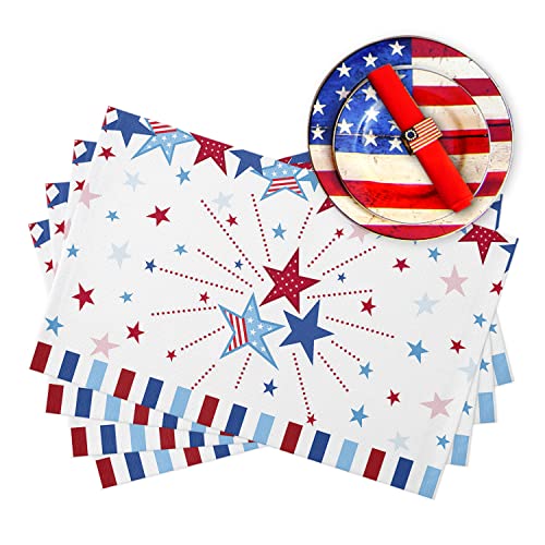 4Th Of July Placemats Set Of 6,Cotton Linen Red Blue Stars Stripes Table Mats Washable Non-Slip Independence Day Placemat For Holiday Banquet Patriotic Kitchen Dinning Table Decor #TOP24