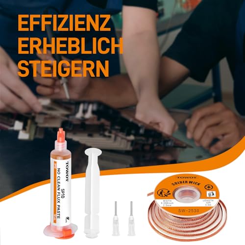 TOWOT 10ft Entlötlitze & No-Clean Lötflussmittel-Paste (10cc) – Entlötkit für Elektronikreparaturen und Reparaturen von Haushaltsgeräten