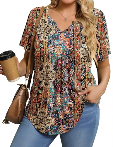 IN'VOLAND Womens Plus Size Tunic Top Summer Short Sleeve T-Shirt V-neck Button Up Dressy Blouse Casual Pleated Pullover 1X-5X