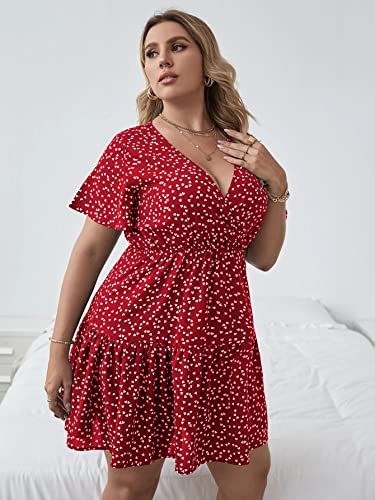 Floerns Women's Plus Size Wrap V Neck Short Sleeve Ruffle Hem A Line Short Dress Red 2Xl #TOP3