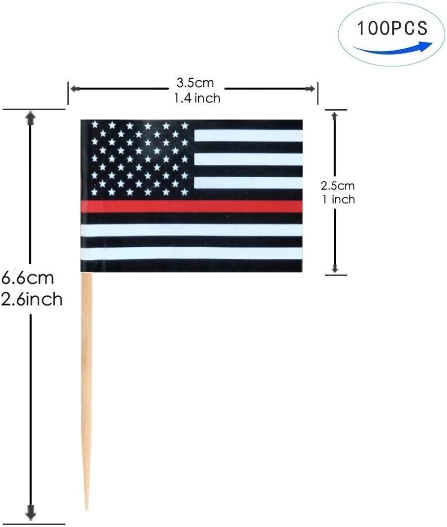 JAVD 100Pcs US Thin Red Line Firefighter Toothpick Flag for US Military Day Party Events Celebration Supplies,Birthday Wedding Dinner Decorations