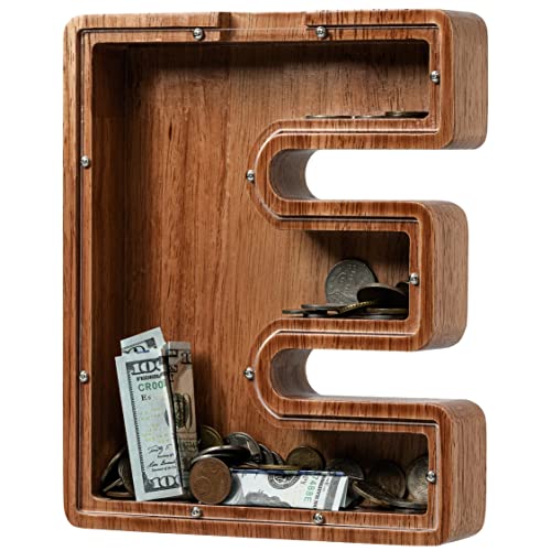 Piggy Bank for Kids Boys Girls, Wooden Large Letter Piggy Bank Alphabet Money Bank with Initial E, Coin Bank Fun Gifts for Birthday, Christmas, Festival, Baby Shower