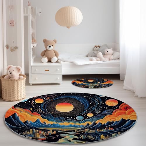 Genérico Alfombra Redonda para Dormitorio 90 cm - Fantasía Universo Ciudad Nocturna Tema Franela Pelusa Corta Alfombras Redondas, Azul Oscuro Antideslizante Alfombra para Decoración de Comedor