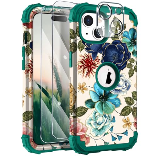 Coque iPhone 15 Plus fleurs Hocase avec protections écran et caméra en silicone et PC