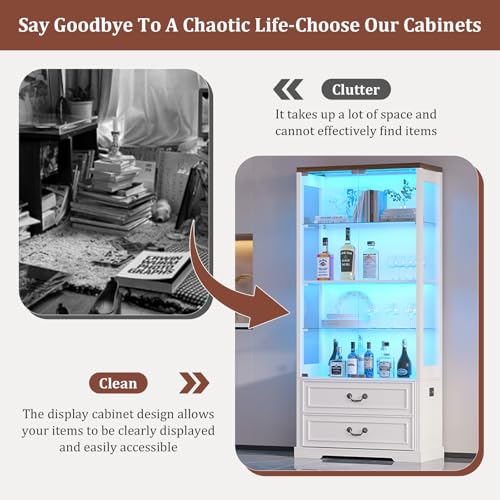 Image of TAGELIER 67 inch Tall Display Cabinet with Glass Doors and 2 Drawers, White