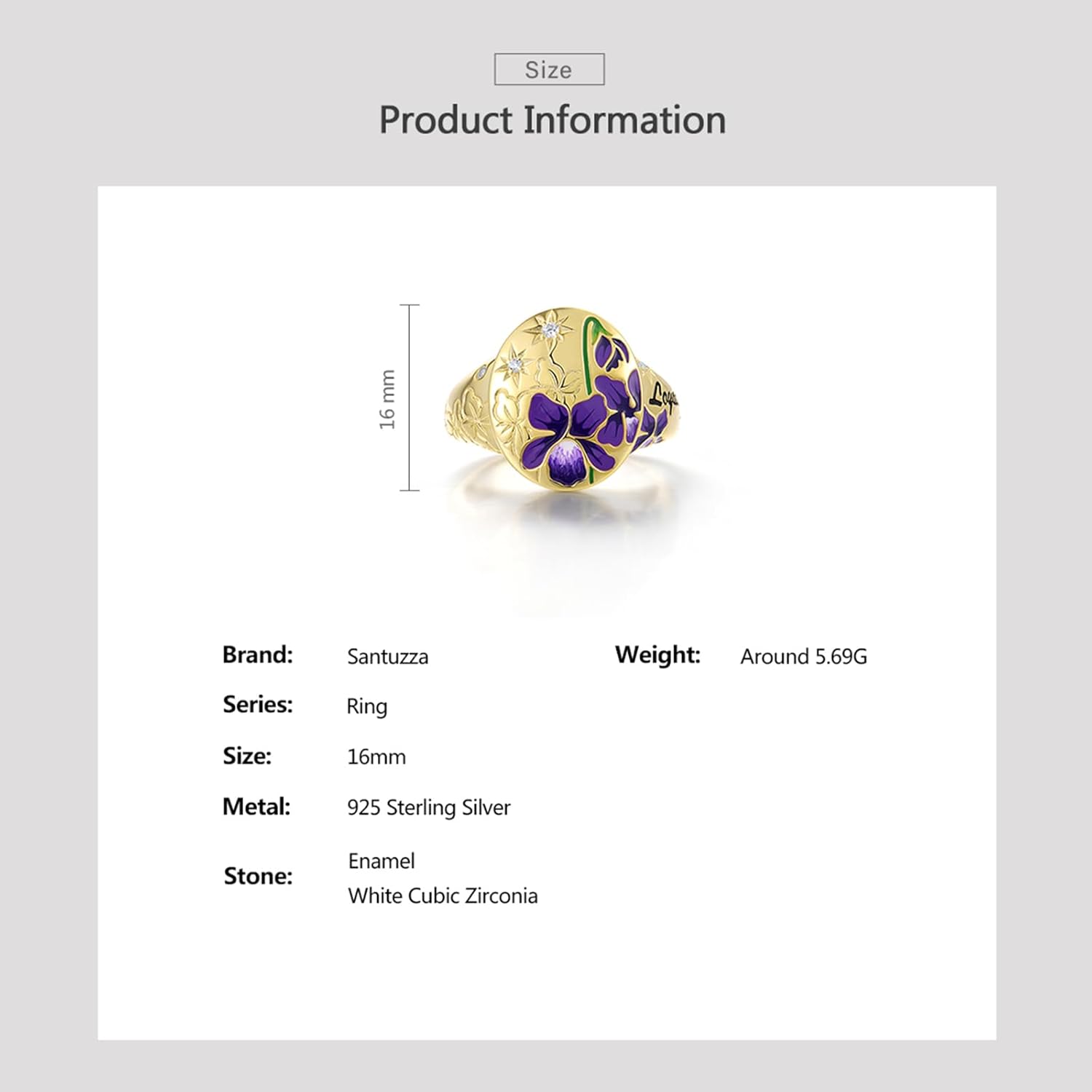 Santuzza 925 Sterling Silver Enamel Pattern White Cubic Zirconia Ring for Women