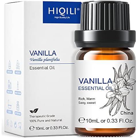 HIQILI 10ml Vanilla Essential Oil, 100% Pure Natural Vanilla Fragrance Oil for Skin, Hair, Massage, DIY Spray, Perfume, Candle, Soap, Aromatherapy Diffuser-0.33 Fl Oz Cover