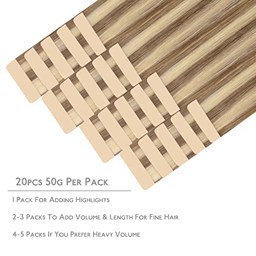 Image of WENNALIFE Tape in Hair Extensions Human Hair, 20pcs 50g 20 inch Ash Brown with Platinum Blonde Highlights Remy Hair Extensions Straight Human Hair Tape in Extensions Skin Weft Tape Extensions