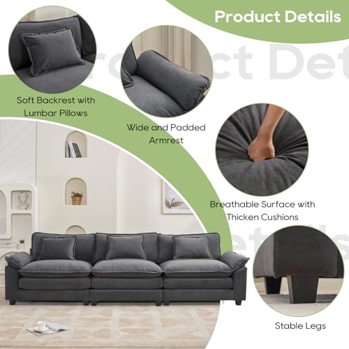 Image of Oprisen 120 inch Modular Sectional Sofa, Comfy Cloud Couch Sectional Sofa, Velvet Sofa Sleeper Deep Seat Sofa with Throw Pillows for Living Room (Blue Gray, 120 inch- 3 Seater)