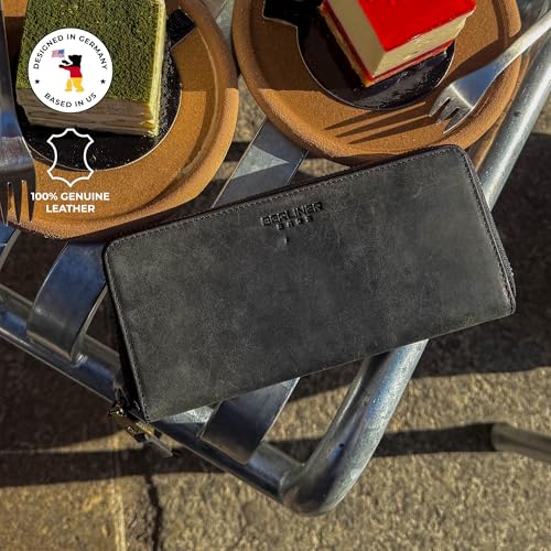 Image of BERLINER BAGS Genuine Leather Zip Wallet Women Palma, Gift Box - Dark Grey | Soft Leather Zip Around Wallet, 14 Card Slots, 1 ID Window, 2 Bill Compartments, Zippered Coin Pocket, RFID Blocking