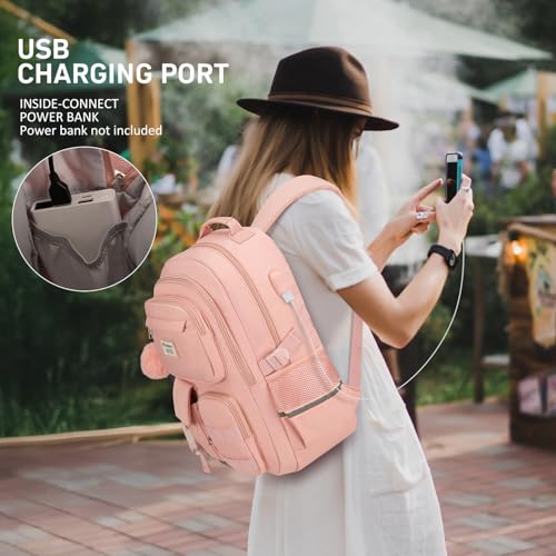 WINDARS School Backpack for Teen Girls, Cute Laptop Backpack for Women Students, Middle High School Bags Aesthetic Bookbag for College Travel Fit 15.6 Inch Laptop (Pink)
