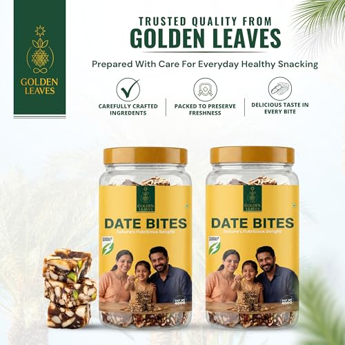 Image of Golden Leaves Date Bites | Dates Barfi Made with Dates, Pista, Cashews, Almonds, Pure Ghee, Pistachios & Mixed Seeds I Dry Fruits Nuts, Healthy Snacks Sweets, Gluten Free, No Added Sugar Instant Energy Snack for Kids & Adults (200g (Pack of 2))