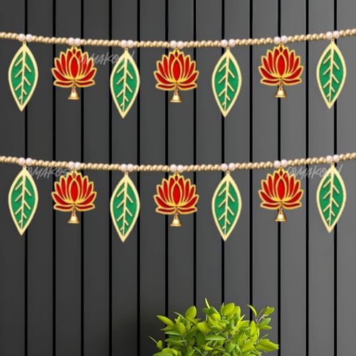 Image of Divyakosh Torans for Entrance Door, Set of 2, Door Hangings for Home Decoration, Lotus with Green Leaf Toran | Thoranam for Entrance Door, Bandhanwar Size - 38 Inch