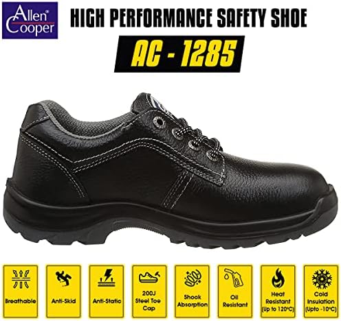Allen Cooper AC 1285 Premium Leather Safety Shoe, Anti-Skid Sole, Heat, Water & Oil Resistant, 200J Steel Toe Cap, Double Density DIP-PU Sole, ISI Marked for IS:15298, CE Certified, Size 09 INDIA/UK