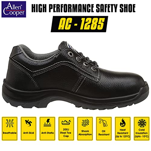 Allen Cooper AC 1285 Premium Leather Safety Shoe, Anti-Skid Sole, Heat, Water & Oil Resistant, 200J Steel Toe Cap, Double Density DIP-PU Sole, ISI Marked for IS:15298, CE Certified, Size 09 INDIA/UK