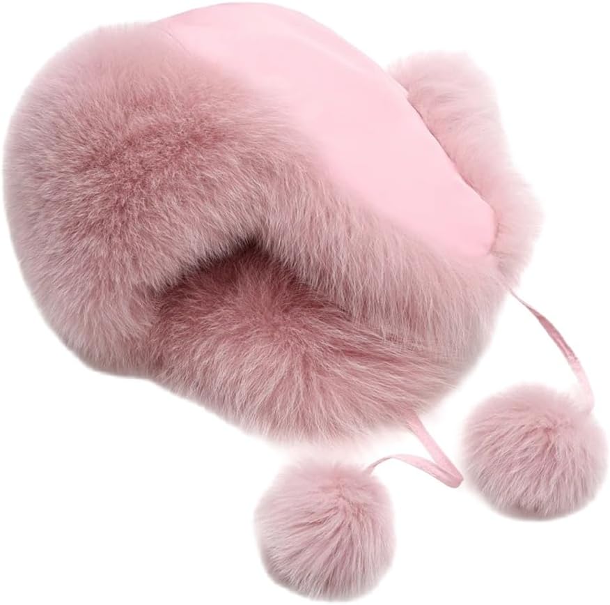 Queenbox Toddler Furry Pompom Trapper Hat, Adjustable Earflap Beanie Hat Warm Lined Cap for Boy Girl, Lotus Pink