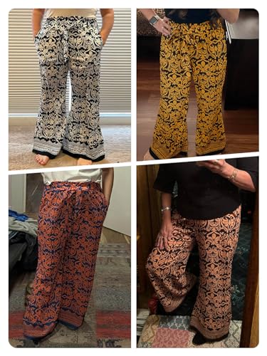 Yousify Women Wide Leg Boho Pants High Waisted Printed Palazzo Pant Casual Flowy Tie Knot Vacation Trousers with Pockets Dark Blue — view 6