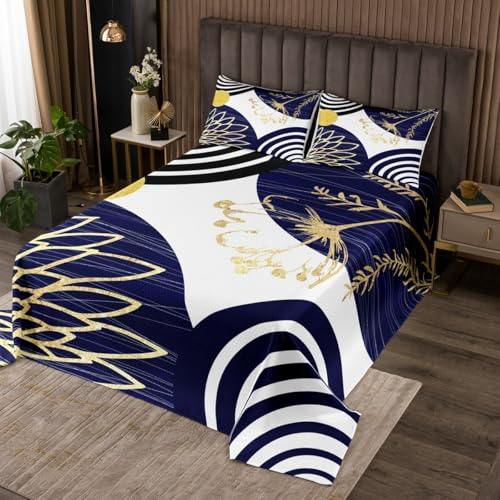 Homewish Marineblau Boho Modern Bedspread Frauen Männer Erwachsene Mitte des Jahrh&erts Abstract Tagesdecke 170x210cm Böhmische Geometrie Bettüberwurf Chic Zeitgenössische Streifen Steppdecke