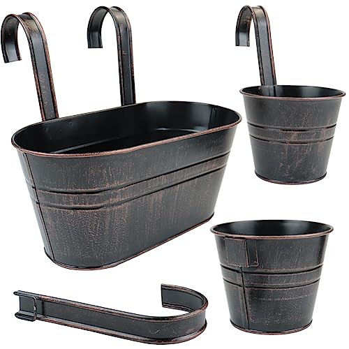 Megawodar 3 Pcs Metal Wall Hanging Planter Pots, Vintage Flower Pots for Railing Fence, Hanging Bucket Pots, Window Flower Plant Holder with Detachable Hooks Home Decor (Black)