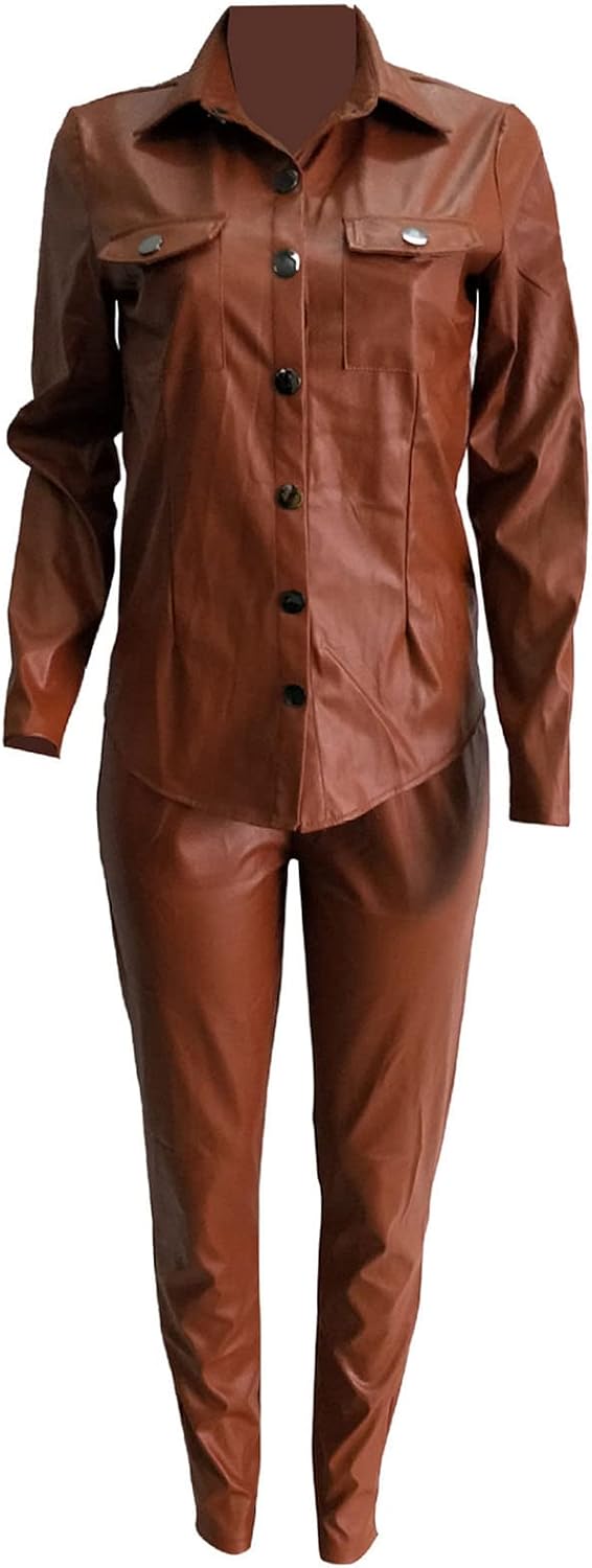 DGHM-JLMY Women's PU Faux Leather 2 Piece Outfits V Neck Long Sleeve Crop Top + Stacked Pants Set