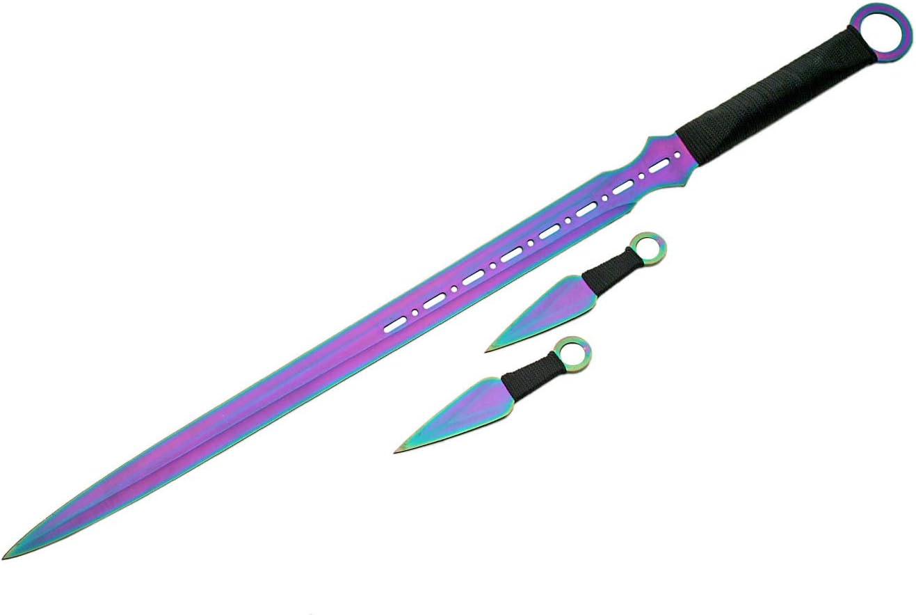 SZCO Supplies Rainbow Ninja Sword with 2Piece Throwing Knives Sam