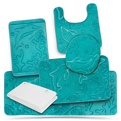 Effiliv Bathroom Rugs Set 5 Piece Memory Foam Mats + Eva Shower Liner, Extra Soft Anti-Slip Shower Large Bath Rugs Happy Feet, Happy Life, Teal 30.5X20X2 Inch #TOP3