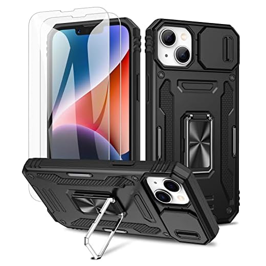 Doeshine Coque pour iPhone 14 & iPhone 13 5G, 2 Protecteurs D'écran, et Anneau Béquille, [ 360° Protection Militaire ] Protection Coulissante Caméra (Noir)
