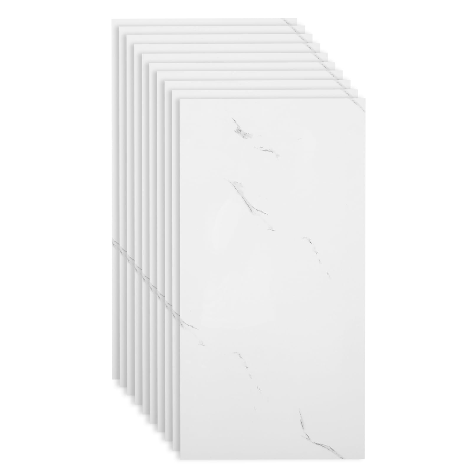 Marble Tile Stickers, Peel and Stick Marble Stick on Tiles 60 x 30cm, 10PCS PVC Self Adhesive Wall Backsplash Tiles for Kitchen Bathroom (White Marble)