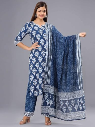 Tee Projekt Women's Cotton Blend Sweetheart Neck Straight Kurta Pant With Dupatta Set Ll Block Printed Kurta Set For Women Ll Festive Kurta Set For Women Navy