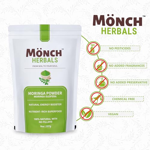 MONCH HERBALS Moringa Powder Fresh Indian Harvest 100% Pure Moringa Leaf NO Stems for Tea, Drink, Smoothies and Juices Vegan Raw Energy Powder with Antioxidants Calcium Iron Protein & Vitamins 227g