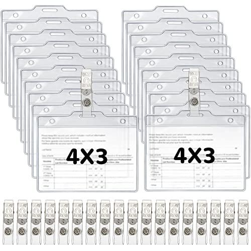Image of 50 Set Name Tags with Clips Name Tag Holder for 4 x 3 ID Badge, Clear Waterproof Vinyl Plastic Sleeve Cover Horizontal Card Holder for Travel and Events
