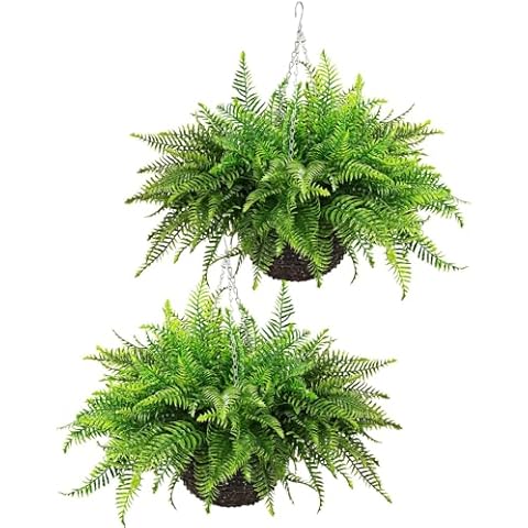 QIANYUN 2PCS Fake Hanging Plant- 23in Boston Ferns Greenery Plants Artificial Persian Rattan Outdoor UV Resistant Plastic Plants for Front Porch Living Room Garden Decor- Including Hanging Planters Cover