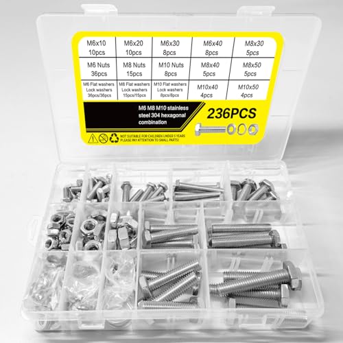 236pcs Heavy Duty Bolt and Nut Assortment Kit M6 M8 M10 All-Metal Stainless Steel with Hex Head Bolts, Lock Washers, Lock Nuts, Flat Washers, Spacers for Automotive, Mechanical, DIY Projects