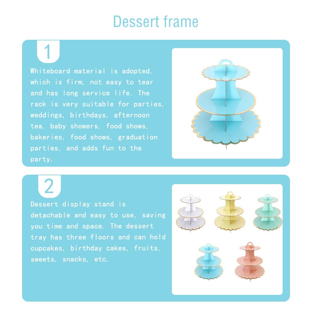 Juego de 5 soportes para tartas de 3 niveles, para cupcakes, mousse, galletas, platos, bodas, aniversarios, fiestas, redondos, color azul claro