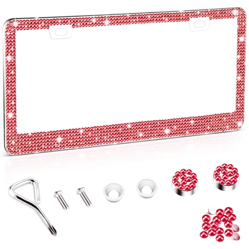 Amiss Bling License Plate Frame for Women, 1Pack Rhinestone Handcrafted Crystal Premium Stainless Steel, Stainless Steel Car Accessories with Diamond Sparkle Glitter Caps (Red)