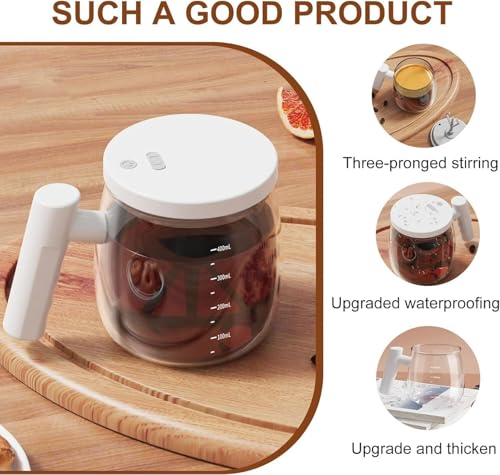 Image of Automatic Self-Stirring Glass Mug with Handle USB Rechargeable Electric Mixing Cup One-Touch Smart Coffee, Milk, Protein Shake Mixer (Wood Finish)