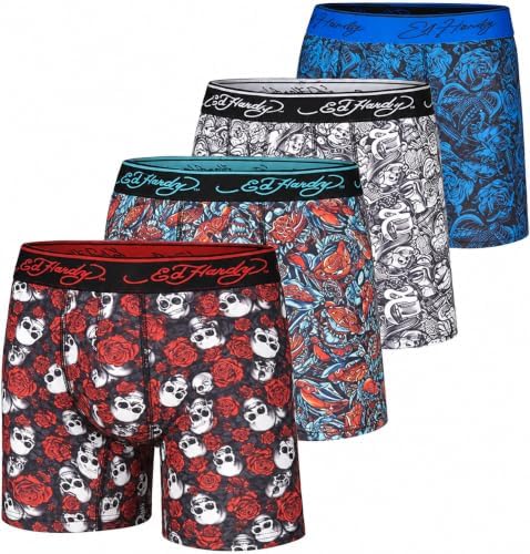 ED HARDY Mens Boxer Briefs 4 Pack, Soft Fabric Underwear, Pull On Closure, Machine Washable Comfortable Stretch Boxers