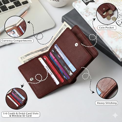 Image of VEMILIO Vegan Leather Wallet for Men & Women | 6 Card Slots | ID Window | Coin Pocket | 2 Hidden & 2 Currency Compartments | Durable Slim Bifold Purse (Dark Brown)