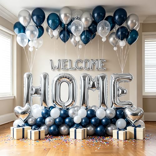 Image of TONIFUL 2 Size Silver WELCOME HOME Foil Letter Balloons Banner Decorations