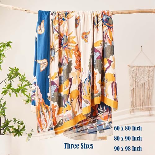 Image of XIBLC Boho Throw Blanket, 100% Cotton Ultra Soft Luxury Throw Rustic Quilt, 60 inchx80 inch Floral Bird Butterfly Farmhouse Decor Bed Blankets, All Season Rustic Reversible Bohemian Throw for Bed - Yellow