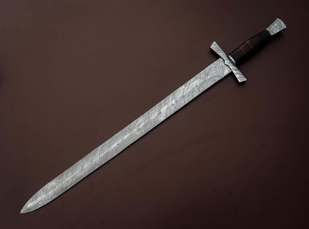 30 Inch Double Edge Medieval Sword, Handmade Damascus Steel Fixed Blade, Leather Handle, Hunting Sword with Leather Sheath for Combat, Hiking, Camping by Empire Industry