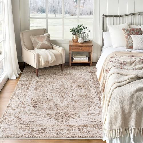 Lofus 5x7 Area Rugs for Living Room, Washable Area Rug, Rugs for Bedroom, Kitchen, Vintage Boho Carpet, Soft Non-Slip, Low Pile Large Area Rug for Office Dining Room, Vintage Beige Brown