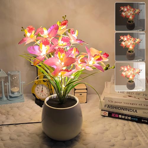 Image of Flower Table Lamp, Artificial Flowers in Vase Night Light, Stepless Dimming LED Vase Lamps, USB Plug-in Desk Lamp Decorative Lamp Gifts for Mom Women Grandma Girls (Pink - Orchid)