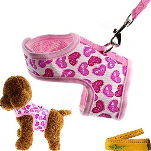 Wiz BBQT Bright Mesh Heart Printed Dog Cat Pet Vest Harness and Matching Leash Set in Pink for Tiny Newborn Dogs Cats ((7.9"-9.8") Chest…