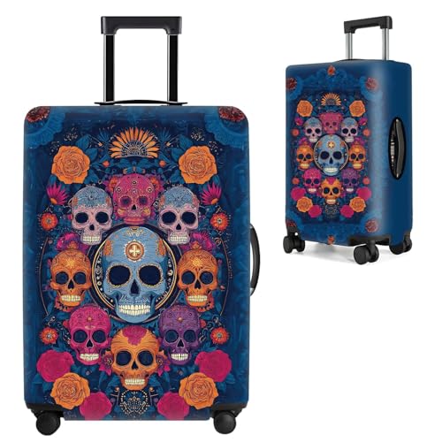 Image of Sugar Skull Luggage Cover - Colorful Floral Day of the Dead Suitcase Protector - Stretch Travel Case Cover for 32-34 Inch Luggage,XL