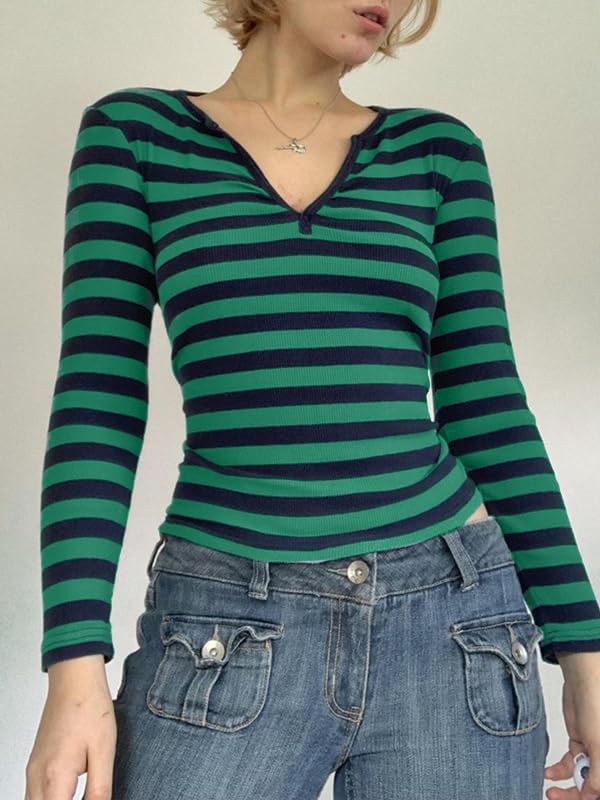 Image of Women Off Shoulder Striped Long Sleeve Top 2026 Fall Going Out Tee Shirts