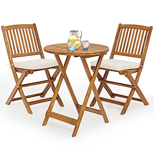 GOPLUS 3PCs Ensemble de Bistro de Jardin Pliantes,2 Coussins+2 Chaises+1 Table Bois d'Acacia,Meuble de Jardin en Bois,Table et Chaise d'extérieur pour Jardin et Terrasse