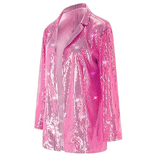 Long Sleeve Open Front Blazer For Women Fashion Velvet Notched Neck Shiny Sequin Bomber Jacket Pink S #TOP3