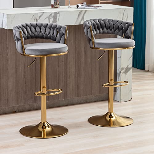 Abet Gold Bar Stool Set Of 4, Velvet Swivel Woven Barstools, Height Adjustable Counter Stools With Hollow Back, Upholstered Modern Luxury Kitchen Stools With Footrest For Cafe, Pub, Gray #TOP1