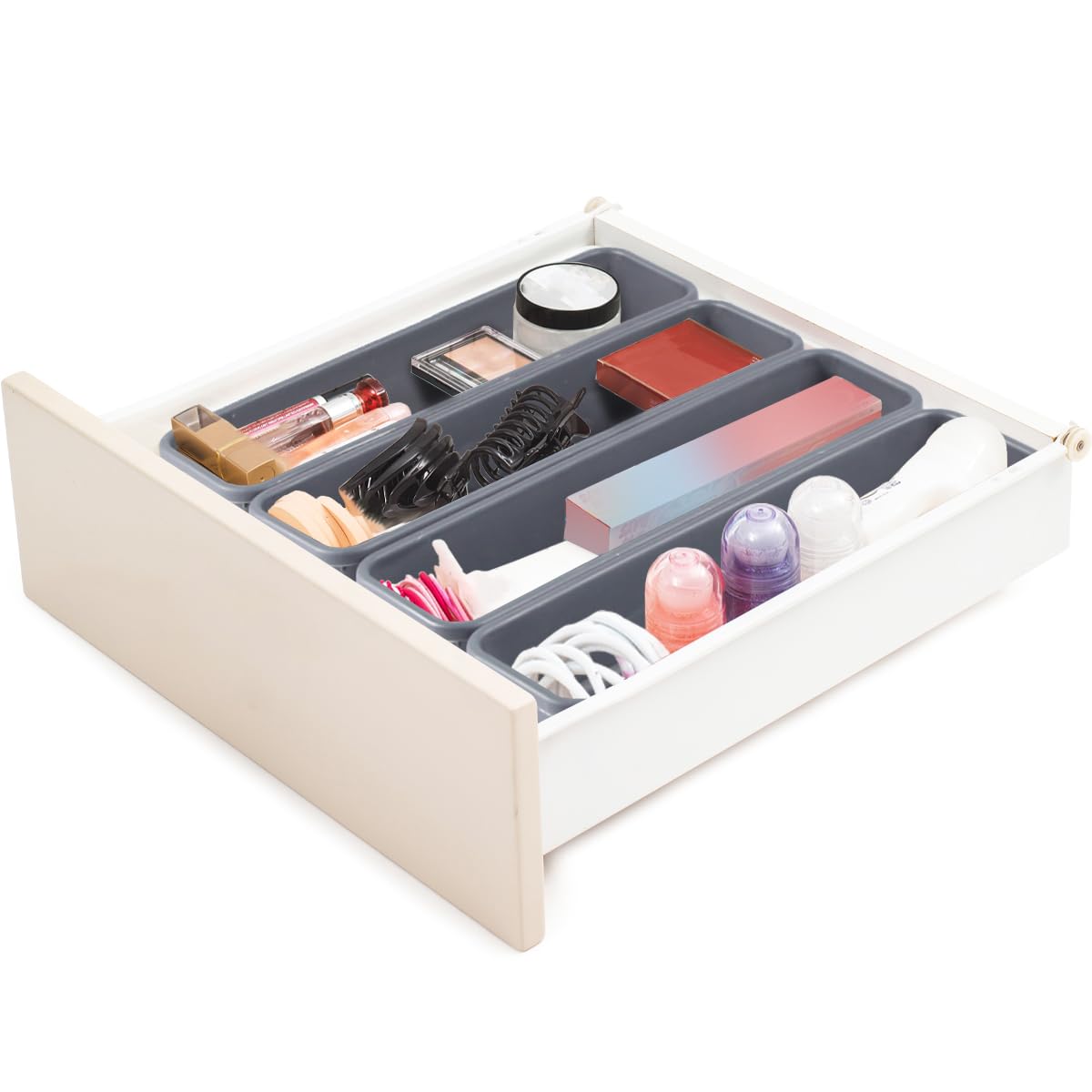 16 Pcs Organisateur Rangement Tiroir Cuisine Organiseur de Rangement Bureau Tiroir Plastique Salle avec 40 Pcs Boule Bntidérapante en Siliconedede Bain Plateaux pour Maquillage, Cuisine(Noir)